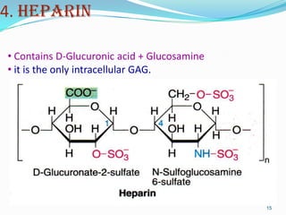 4. Heparin
15
• Contains D-Glucuronic acid + Glucosamine
• it is the only intracellular GAG.
 