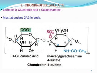 8
• Contains D-Glucoronic acid + Galactosamine.
• Most abundant GAG in body.
1. Chondroitin sulfate
 