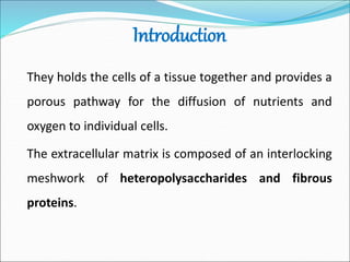 Introduction
They holds the cells of a tissue together and provides a
porous pathway for the diffusion of nutrients and
oxygen to individual cells.
The extracellular matrix is composed of an interlocking
meshwork of heteropolysaccharides and fibrous
proteins.
 