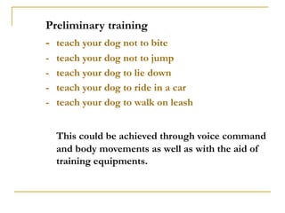 Preliminary training
- teach your dog not to bite
- teach your dog not to jump
- teach your dog to lie down
- teach your d...