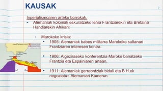 KAUSAK
Inperialismoaren arteko borrokak.
- Alemaniak koloniak eskuratzeko lehia Frantziarekin eta Bretaina
Handiarekin Afrikan:
- Marokoko krisia:
• 1905: Alemaniak babes militarra Marokoko sultanari
Frantziaren interesen kontra.
• 1906: Algeziraseko konferentzia Maroko banatzeko
Frantzia eta Espainiaren artean.
• 1911: Alemaniak gerraontziak bidali eta B.H.ek
negoziatu= Alemaniari Kamerun
7
 