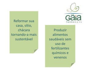 Reformar sua casa, sítio, chácara tornando-a mais sustentávelProduzir alimentos saudáveis sem uso de fertilizantes químicos e venenos