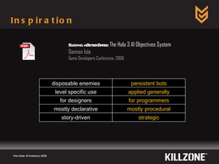 Inspiration Paris Game AI Conference, 2009.  Building a Better Battle:  The Halo 3 AI Objectives System Damian Isla Game Developers Conference, 2008. disposable enemies persistent bots level  specific use applied generally for designers for programmers mostly declarative mostly procedural story-driven strategic 