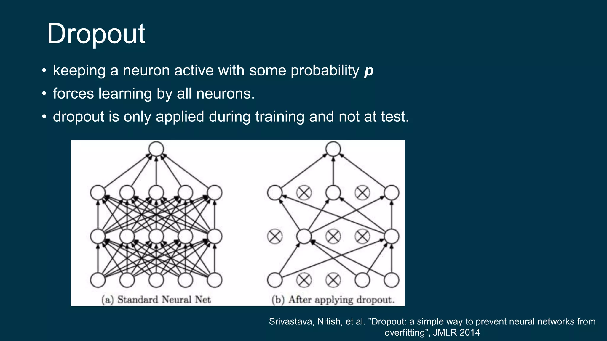 Dropout
• keeping a neuron active with some probability p
• forces learning by all neurons.
• dropout is only applied during training and not at test.
Srivastava, Nitish, et al. ”Dropout: a simple way to prevent neural networks from
overfitting”, JMLR 2014
 