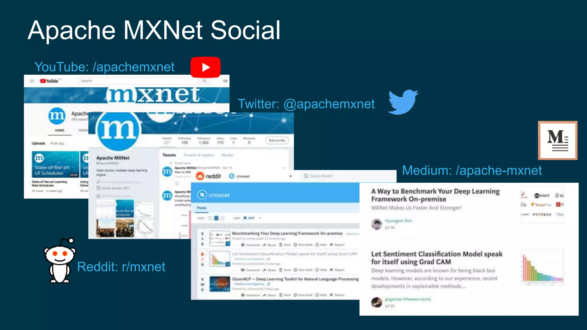 Apache MXNet Social
YouTube: /apachemxnet
Twitter: @apachemxnet
Reddit: r/mxnet
Medium: /apache-mxnet
 