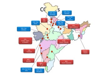 CGD JVs
IGL,
Delhi
GAIL Gas,
(Sonepat)
GGL,
Agra, Lucknow
CUGL,
Kanpur, Bareilly
TNGCL,
Tripura
GAIL Gas
(Kota)
BGL,
Hyd & VijaywadaMNGL,
Pune
MGL,
Mumbai
VGL,
Vadodara
AGL,
(Indore, Ujjain,
& Gwalior)
GAIL Gas
(Dewas)
GAIL Gas,
Bengaluru
GAIL Gas,
Haridwar
GAIL Gas North
Goa
GAIL Gas,
Taj
Trapezium
GAIL Gas,
(Meerut)
 