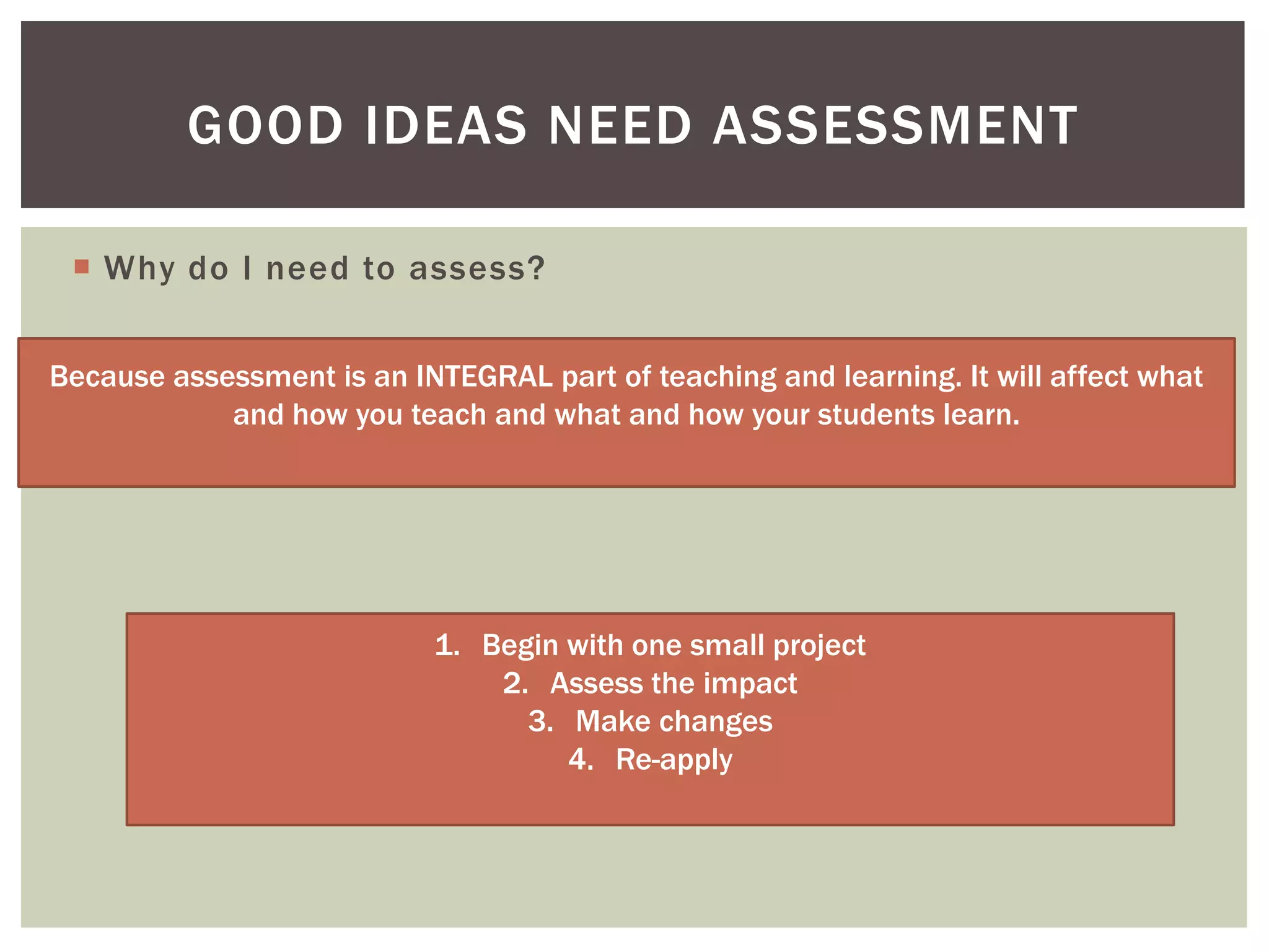 GOOD IDEAS NEED ASSESSMENT

  Why do I need to assess?


Because assessment is an INTEGRAL part of teaching and learning. It will affect what
            and how you teach and what and how your students learn.




                            1. Begin with one small project
                                2. Assess the impact
                                  3. Make changes
                                     4. Re-apply
 