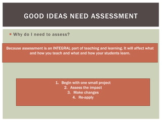 GOOD IDEAS NEED ASSESSMENT

  Why do I need to assess?


Because assessment is an INTEGRAL part of teaching and learning. It will affect what
            and how you teach and what and how your students learn.




                            1. Begin with one small project
                                2. Assess the impact
                                  3. Make changes
                                     4. Re-apply
 