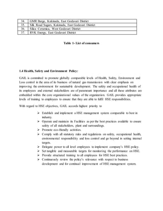 34. GMR Barge, Kakinada, East Godavari District
35. Silk Road Sugars, Kakinada, East Godavari District
36. Silica Ceramica, West Godavari District
37. RVK Energy, East Godavari District
Table 1- List of consumers
1.4 Health, Safety and Environment Policy:
GAIL is committed to promote globally comparable levels of Health, Safety, Environment and
Loss control in the area of its business of natural gas transmission with clear emphasis on
improving the environment for sustainable development. The safety and occupational health of
its employees and external stakeholders are of paramount importance and all these attributes are
embedded within the core organizational values of the organization. GAIL provides appropriate
levels of training to employees to ensure that they are able to fulfil HSE responsibilities.
With regard to HSE objectives, GAIL accords highest priority to
 Establish and implement a HSE management system comparable to best in
industry.
 Operate and maintain its Facilities as per the best practices available to ensure
safety of all stakeholders, plant and surroundings.
 Promote eco-friendly activities.
 Comply with all statutory rules and regulations on safety, occupational health,
environmental responsibility and loss control and go beyond in setting internal
targets.
 Delegate power to all level employees to implement company’s HSE policy.
 Set tangible and measurable targets for monitoring the performance on HSE.
 Provide structured training to all employees for HSE best practices.
 Continuously review the policy’s relevance with respect to business
development and for continual improvement of HSE management system.
 
