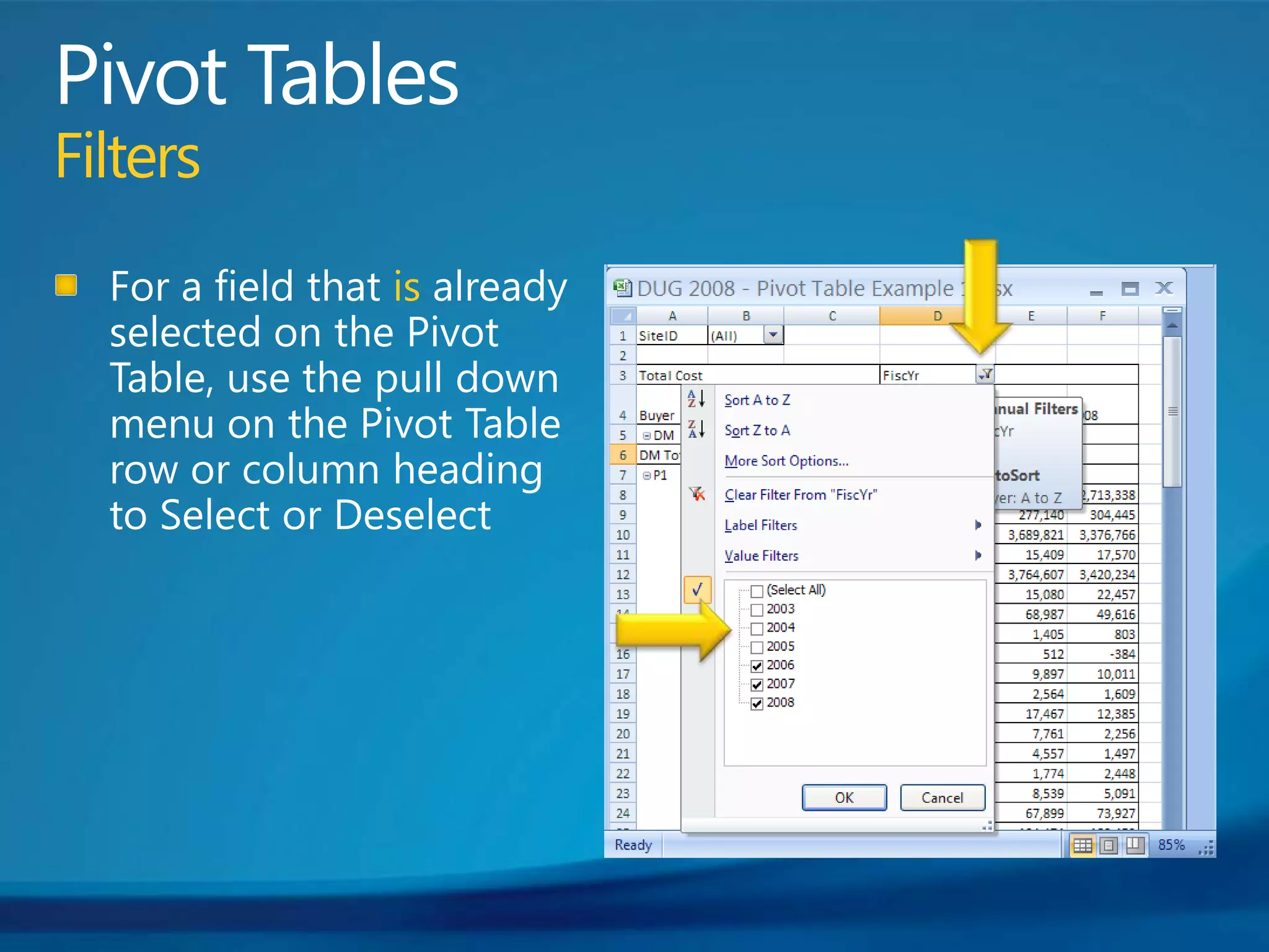 Pivot TablesFiltersFor a field that is already selected on the Pivot Table, use the pull down menu on the Pivot Table row or column heading to Select or Deselect