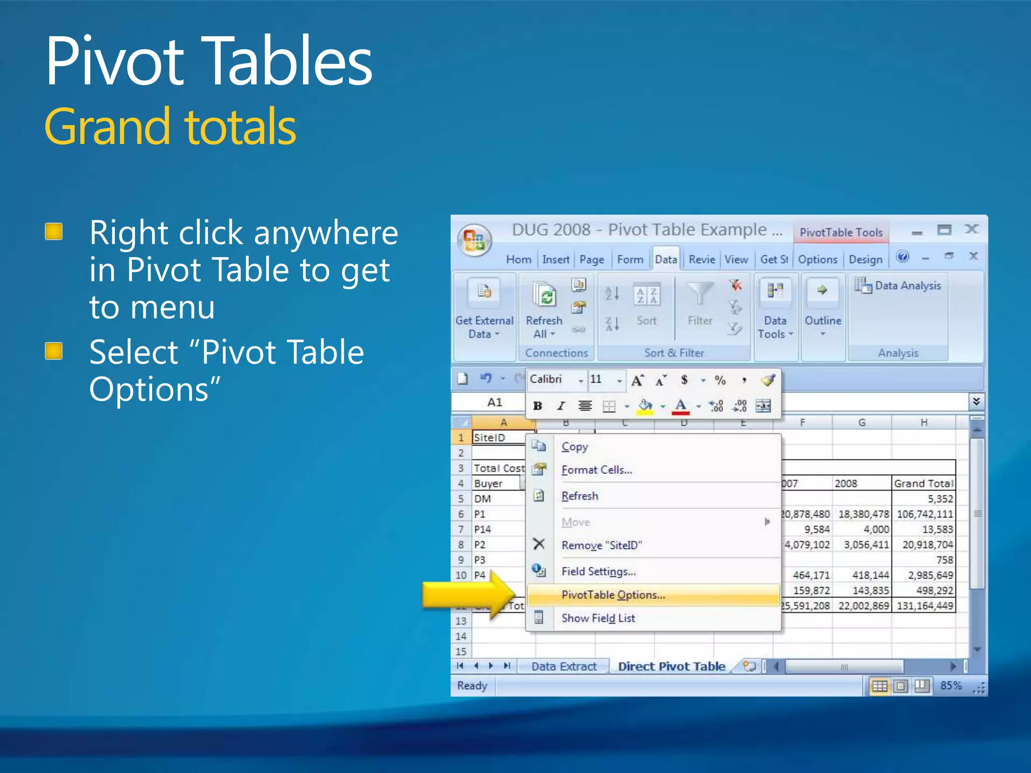 Pivot TablesGrand totalsRight click anywhere in Pivot Table to get to menuSelect “Pivot Table Options”