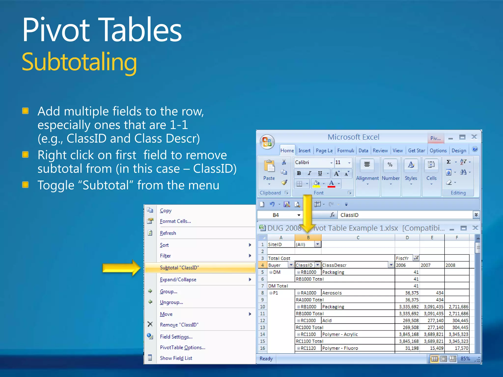 Pivot TablesSubtotalingAdd multiple fields to the row, especially ones that are 1-1 (e.g., ClassID and Class Descr)Right click on first  field to remove subtotal from (in this case – ClassID)Toggle “Subtotal” from the menu