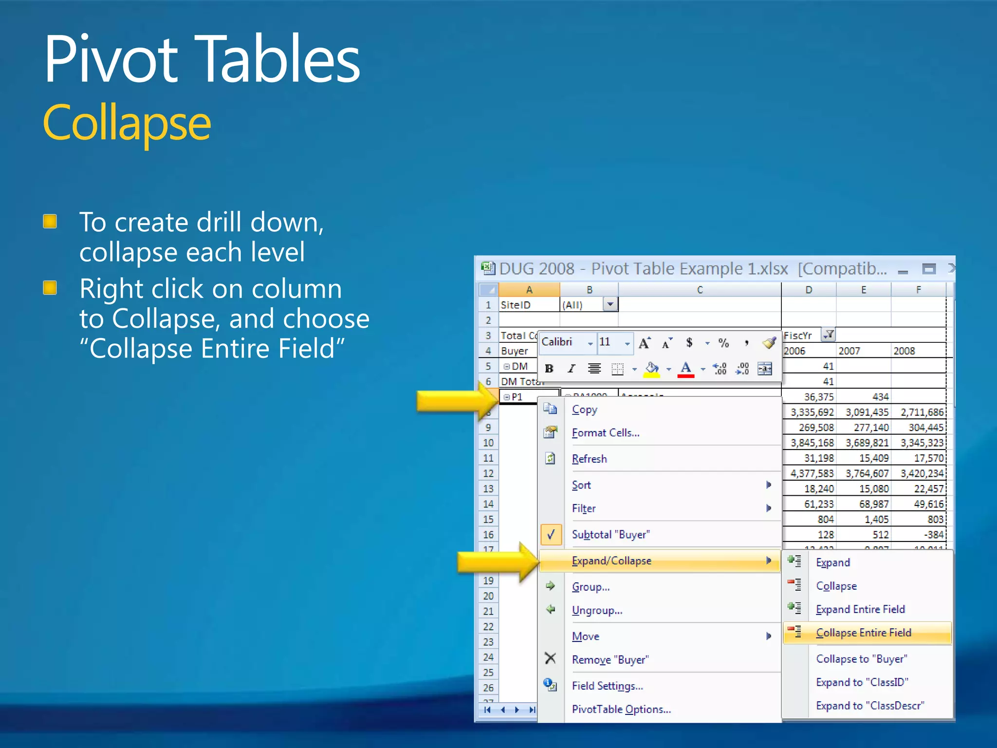 Pivot TablesCollapseTo create drill down, collapse each levelRight click on column to Collapse, and choose “Collapse Entire Field”