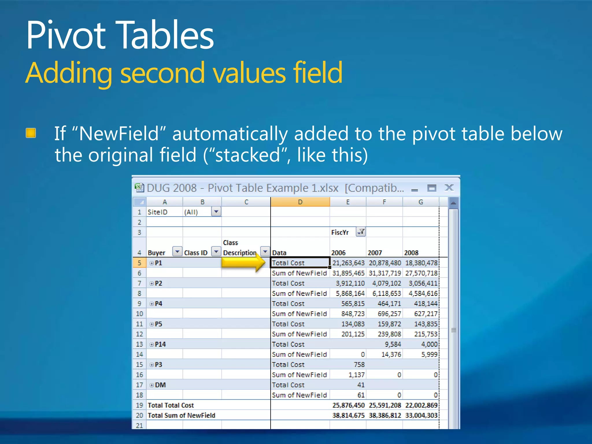Pivot Tables Adding second values fieldIf “NewField” automatically added to the pivot table below the original field (“stacked”, like this)