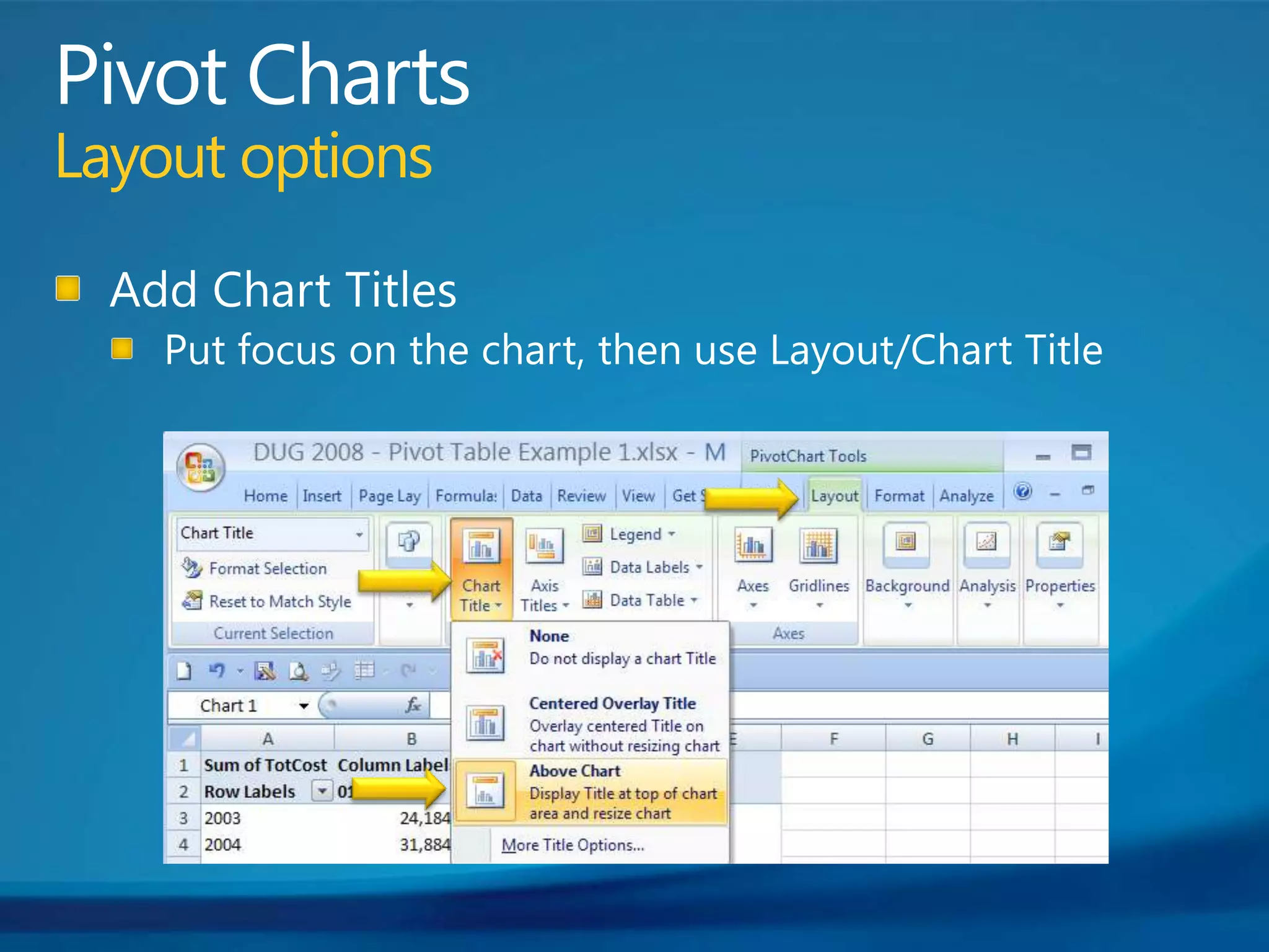 Pivot ChartsLayout optionsAdd Chart TitlesPut focus on the chart, then use Layout/Chart Title