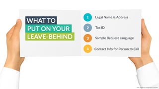 w w w. p g a g e n c y. c o m /g a i l p e r r y i n s i d e r s
WHAT TO
LEAVE-BEHIND
PUT ON YOUR 2
3
Legal Name & Address
Tax ID
Sample Bequest Language
Contact Info for Person to Call4
1
w w w. p g a g e n c y. c o m / g a i l p e r r y i n s i d e r s
 