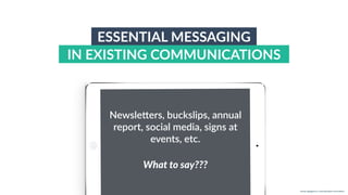w w w. p g a g e n c y. c o m /g a i l p e r r y i n s i d e r s
ESSENTIAL MESSAGING
IN EXISTING COMMUNICATIONS
NewsleCers, buckslips, annual
report, social media, signs at
events, etc.
What to say???
 