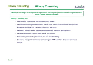 Hillway Consulting

      Hillway Consulting is an independent organisation focusing on operational and management issues
                                       in the London insurance market

     Hillway Consulting has:-
           •   Over 30 years experience in the London Insurance market;

           •   Operational and management experience in both active and run-off environments with particular
               knowledge of underwriting, claims and reinsurance operations;

           •   Experience at Board Level in regulated environments and in working with regulators;

           •   Excellent network and contacts within the UK and overseas;

           •   First hand experience of capital markets, risk and capital modelling;

           •   Experience in corporate formations, restructuring and M&A in both the direct and reinsurance
               markets.




Slide 14
 