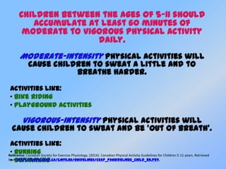 Children between the ages of 5-11 should
accumulate at least 60 minutes of
moderate to vigorous physical activity
daily.
Moderate-intensity physical activities will
cause children to sweat a little and to
breathe harder.
Activities like:
• Bike riding
• Playground activities
Vigorous-intensity physical activities will
cause children to sweat and be ‘out of breath’.
Activities like:
• Running
• Swimming
Reference: Canadian Society for Exercise Physiology. (2014). Canadian Physical Activity Guidelines for Children 5-11 years. Retrieved
from http://www.csep.ca/CMFiles/Guidelines/CSEP_PAGuidelines_child_en.pdf.
 
