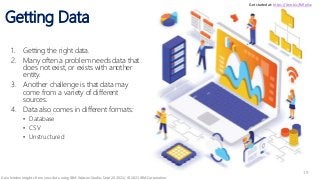 Getting Data
19
1. Getting the right data.
2. Many often a problem needs data that
does not exist, or exists with another
entity.
3. Another challenge is that data may
come from a variety of different
sources.
4. Data also comes in different formats:
• Database
• CSV
• Unstructured
Get started at: https://ibm.biz/BdfpKw
19
Gain hidden insights from your data using IBM Watson Studio, Sept 20 2021/ © 2021 IBM Corporation
 