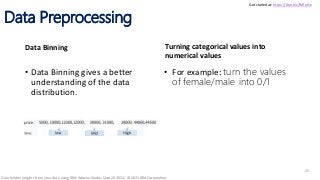 Data Preprocessing
Data Binning
• Data Binning gives a better
understanding of the data
distribution.
Turning categorical values into
numerical values
• For example: turn the values
of female/male into 0/1
Get started at: https://ibm.biz/BdfpKw
25
Gain hidden insights from your data using IBM Watson Studio, Sept 20 2021/ © 2021 IBM Corporation
 