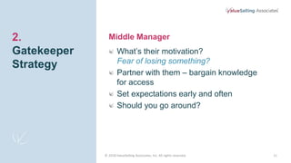 11
What’s their motivation?
Fear of losing something?
Partner with them – bargain knowledge
for access
Set expectations ea...