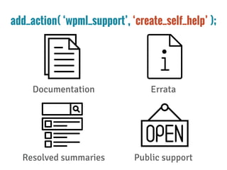 add_action( ‘wpml_support’, ‘create_self_help’ );
Documentation Errata
Resolved summaries Public support
 