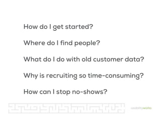 How do I get started?
Where do I find people?
What do I do with old customer data?
Why is recruiting so time-consuming?
Ho...