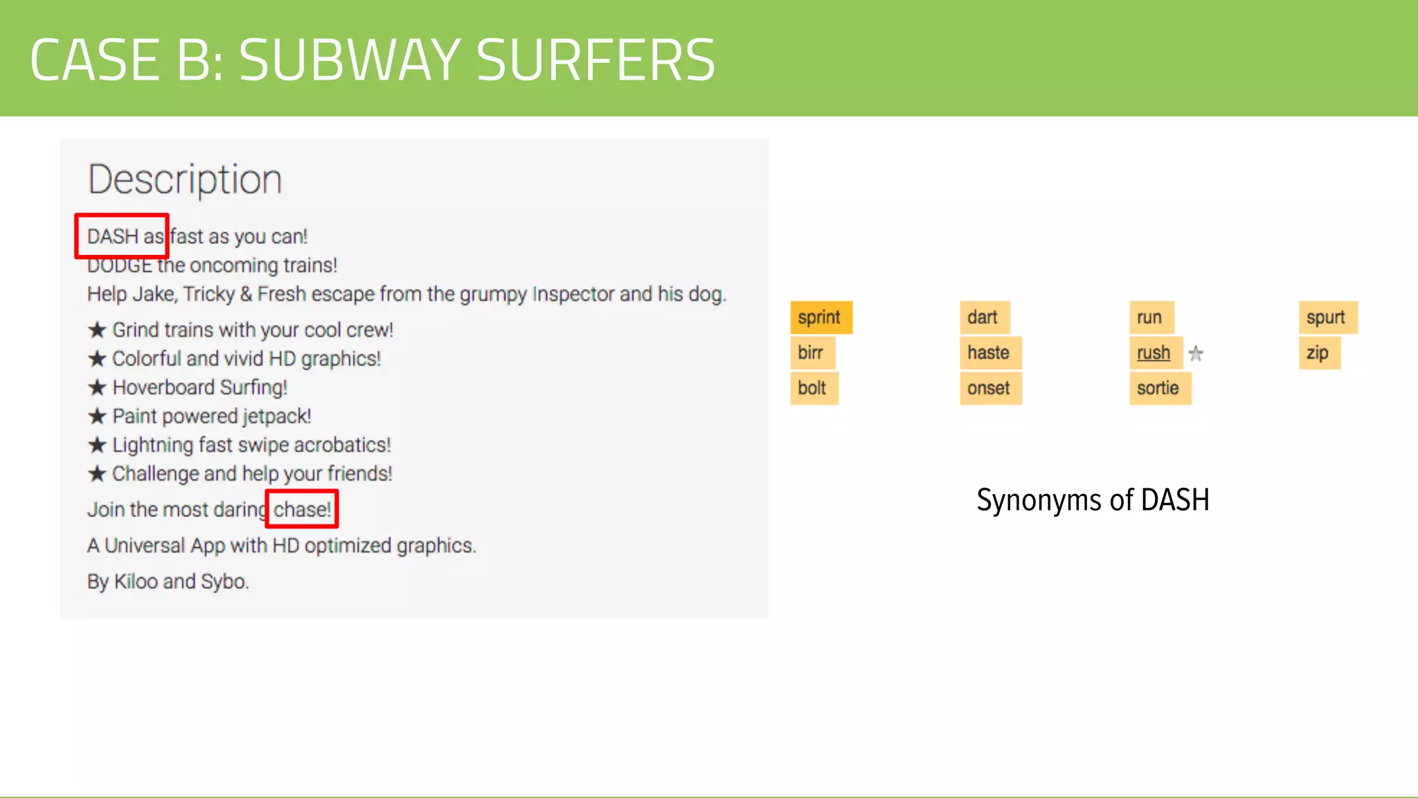 CASE B: SUBWAY SURFERS
Synonyms of DASH
 