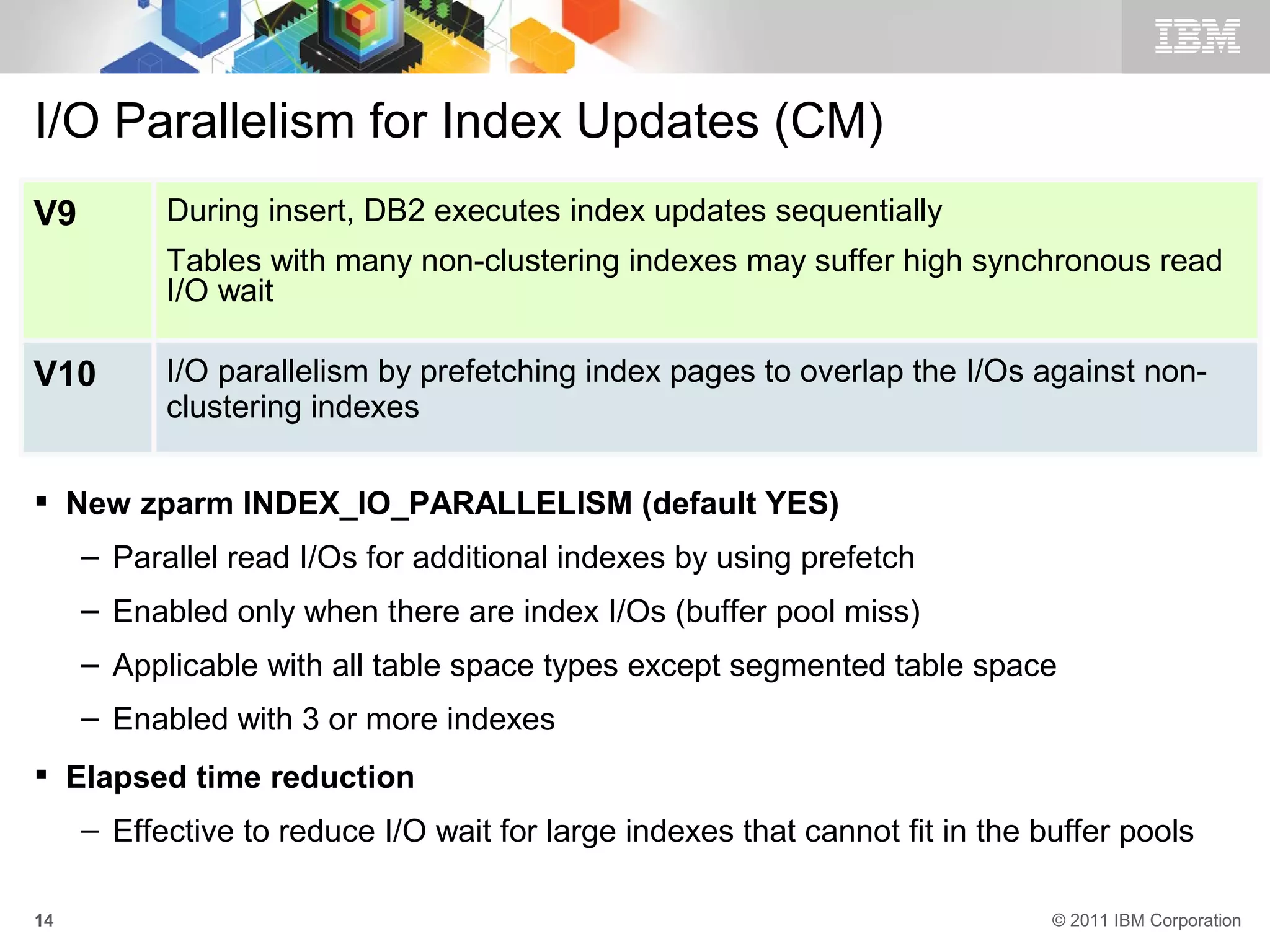 I/O Parallelism for Index Updates (CM)
V9         During insert, DB2 executes index updates sequentially
           Tables with many non-clustering indexes may suffer high synchronous read
           I/O wait

V10        I/O parallelism by prefetching index pages to overlap the I/Os against non-
           clustering indexes

 New zparm INDEX_IO_PARALLELISM (default YES)
     – Parallel read I/Os for additional indexes by using prefetch
     – Enabled only when there are index I/Os (buffer pool miss)
     – Applicable with all table space types except segmented table space
     – Enabled with 3 or more indexes
 Elapsed time reduction
     – Effective to reduce I/O wait for large indexes that cannot fit in the buffer pools

14                                                                            © 2011 IBM Corporation
 