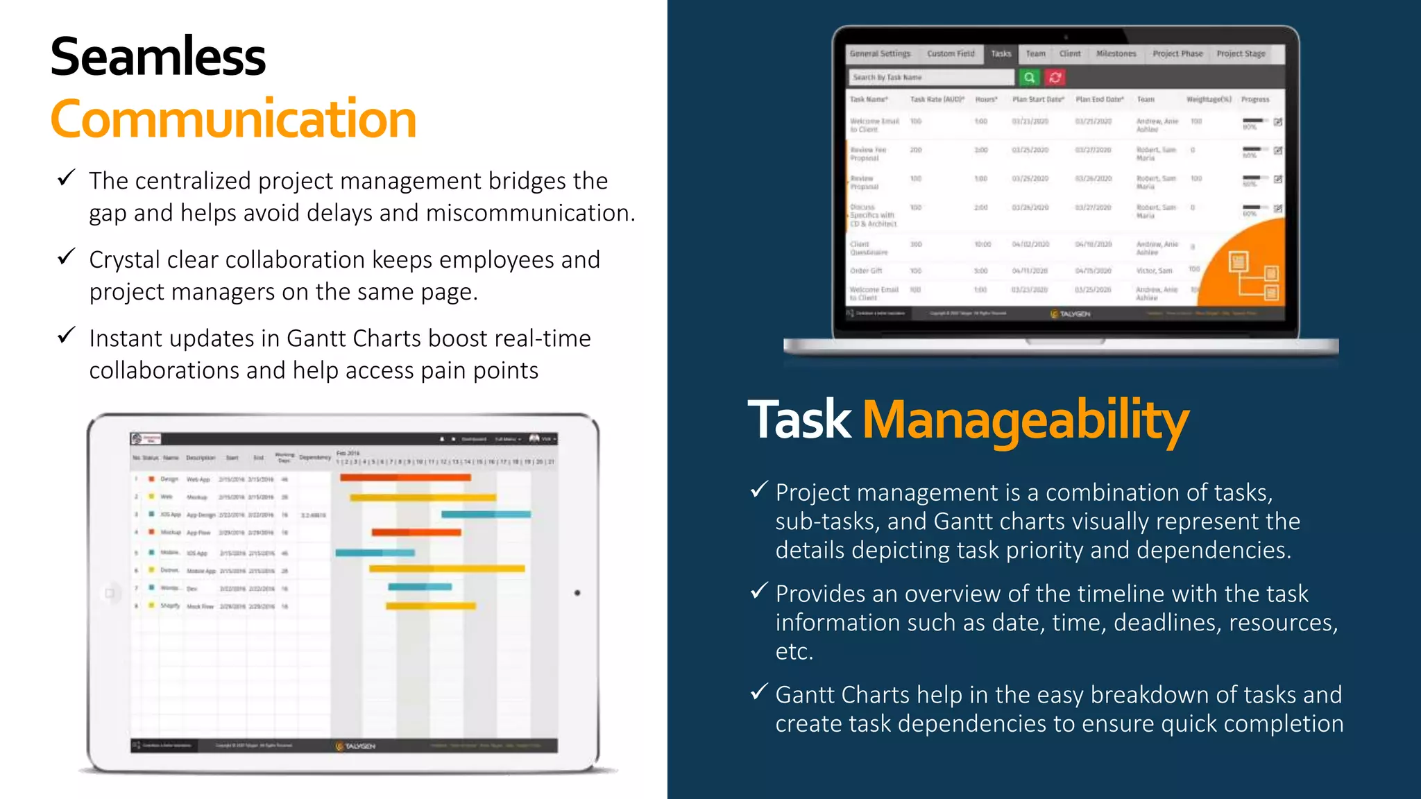 Seamless
Communication
TaskManageability
 The centralized project management bridges the
gap and helps avoid delays and miscommunication.
 Crystal clear collaboration keeps employees and
project managers on the same page.
 Instant updates in Gantt Charts boost real-time
collaborations and help access pain points
 Project management is a combination of tasks,
sub-tasks, and Gantt charts visually represent the
details depicting task priority and dependencies.
 Provides an overview of the timeline with the task
information such as date, time, deadlines, resources,
etc.
 Gantt Charts help in the easy breakdown of tasks and
create task dependencies to ensure quick completion
 