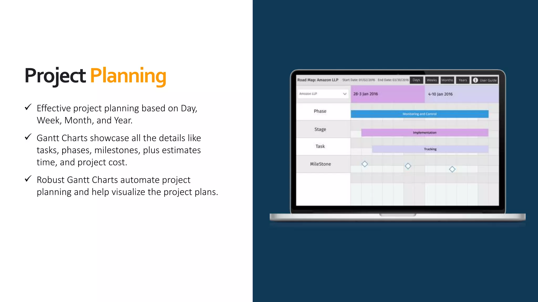 ProjectPlanning
 Effective project planning based on Day,
Week, Month, and Year.
 Gantt Charts showcase all the details like
tasks, phases, milestones, plus estimates
time, and project cost.
 Robust Gantt Charts automate project
planning and help visualize the project plans.
 