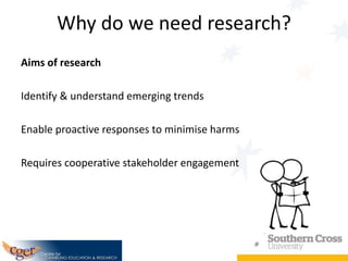 Why do we need research?
Aims of research
Identify & understand emerging trends
Enable proactive responses to minimise har...