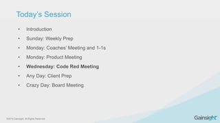 ©2015 Gainsight. All Rights Reserved.
• Introduction
• Sunday: Weekly Prep
• Monday: Coaches’ Meeting and 1-1s
• Monday: Product Meeting
• Wednesday: Code Red Meeting
• Any Day: Client Prep
• Crazy Day: Board Meeting
Today’s Session
 