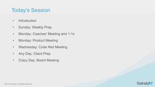 ©2015 Gainsight. All Rights Reserved.
• Introduction
• Sunday: Weekly Prep
• Monday: Coaches’ Meeting and 1-1s
• Monday: Product Meeting
• Wednesday: Code Red Meeting
• Any Day: Client Prep
• Crazy Day: Board Meeting
Today’s Session
 