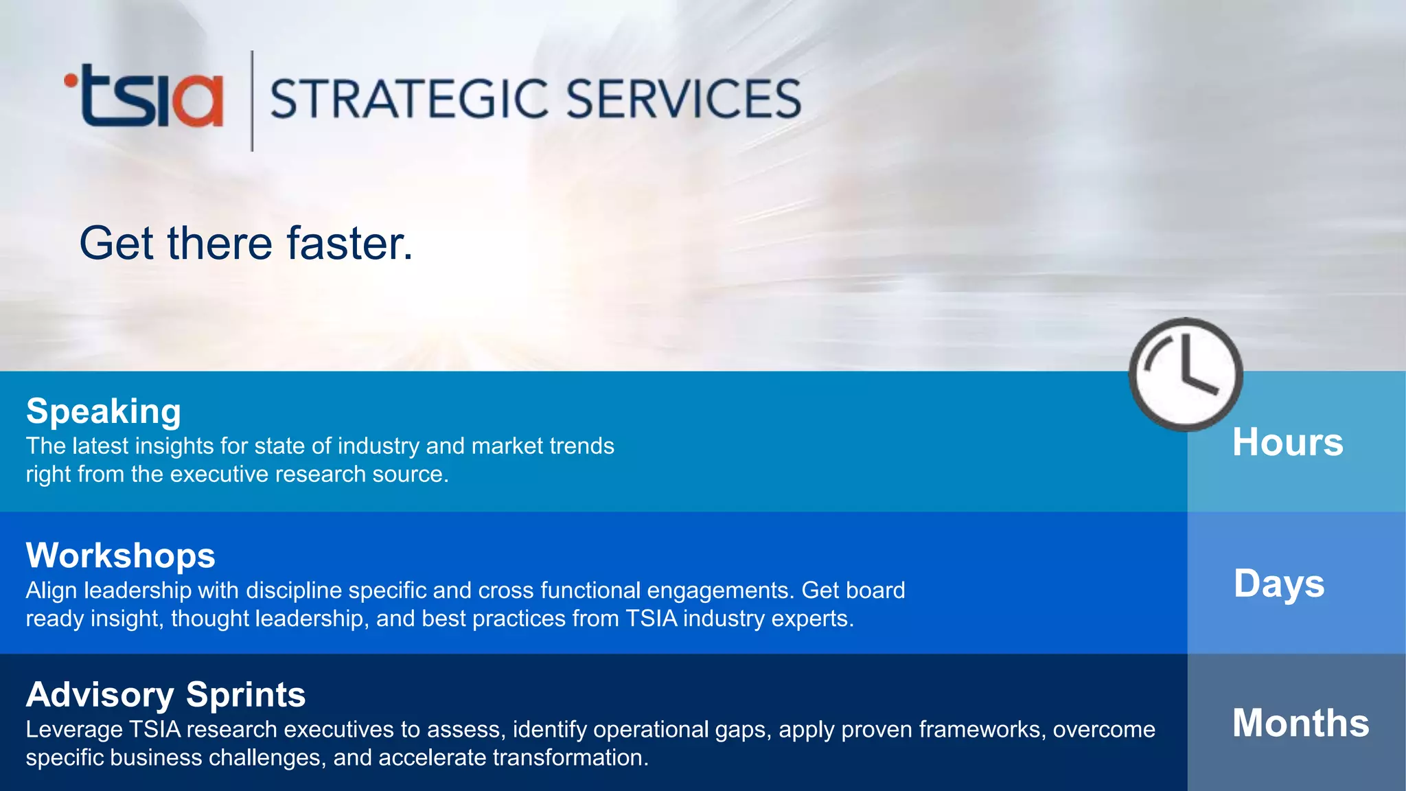 www.tsia.com 73
Get there faster.
Advisory Sprints
Leverage TSIA research executives to assess, identify operational gaps, apply proven frameworks, overcome
specific business challenges, and accelerate transformation.
Workshops
Align leadership with discipline specific and cross functional engagements. Get board
ready insight, thought leadership, and best practices from TSIA industry experts.
Speaking
The latest insights for state of industry and market trends
right from the executive research source.
Hours
Days
Months
 