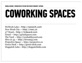 GENERAL ASSEMBLY I INTRODUCTION TO THE NEW YORK STARTUP COMMUNITY I APPENDIX   15



COWORKING SPACES
WeWork Labs— http://wework.com
New Work City — http://nwc.co
3rd Ward— http://3rdward.com
Grind — http://grindspaces.com
The Yard — http://workattheyard.com
Hive @ 55 — http://hiveat55.com
Projective Space — http://projective.co
Green Desk — http://green-desk.com
Dogpatch Labs— http://dogpatchlabs.com
 