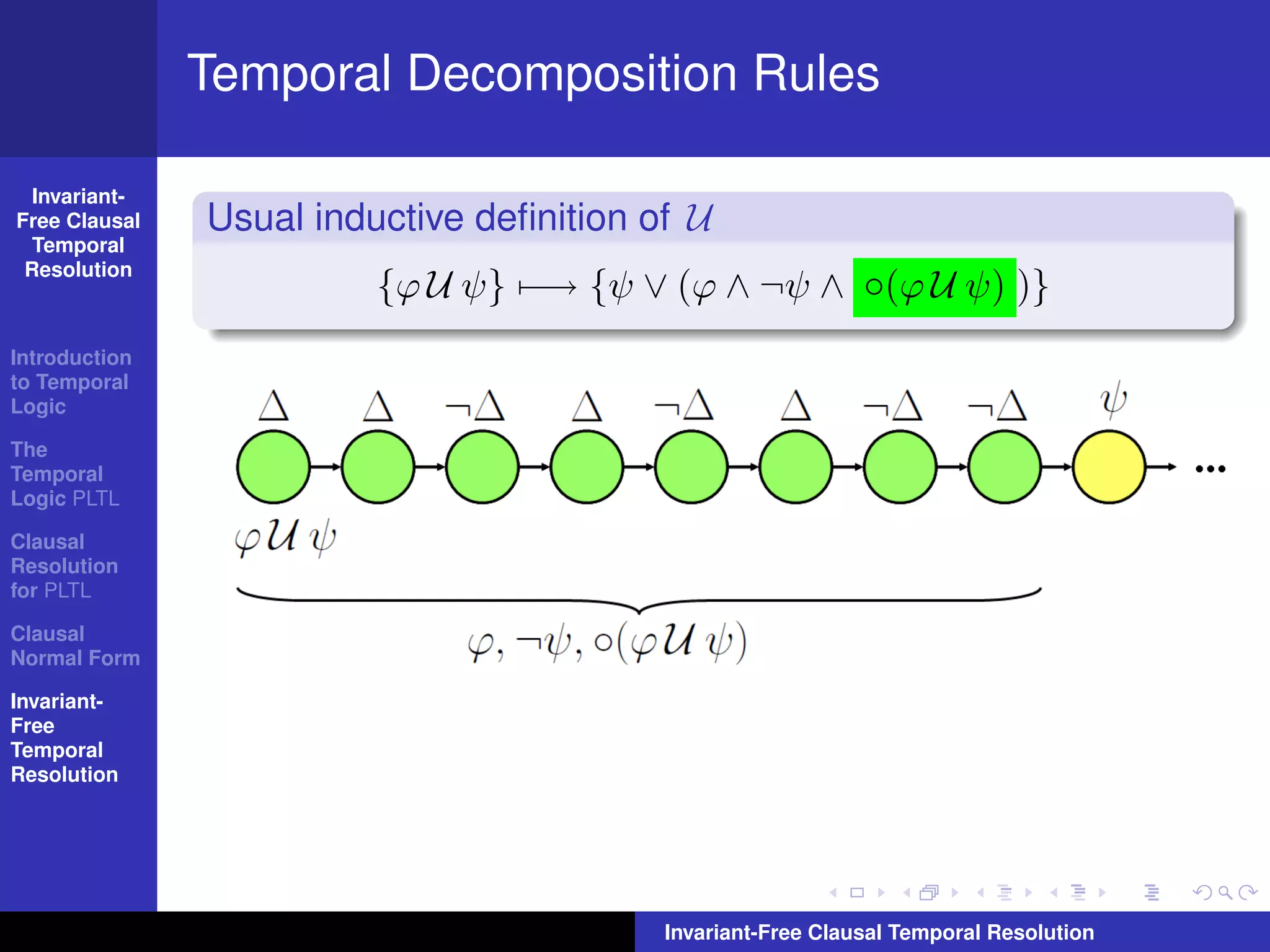 Temporal Decomposition Rules

  Invariant-
Free Clausal   Usual inductive deﬁnition of U
  Temporal
 Resolution
                         {ϕ U ψ} −→ {ψ ∨ (ϕ ∧ ¬ψ ∧ ◦(ϕ U ψ) )}
Introduction
to Temporal
Logic

The
Temporal
Logic PLTL

Clausal
Resolution
for PLTL

Clausal
Normal Form

Invariant-
Free
Temporal
Resolution




                                          Invariant-Free Clausal Temporal Resolution
 
