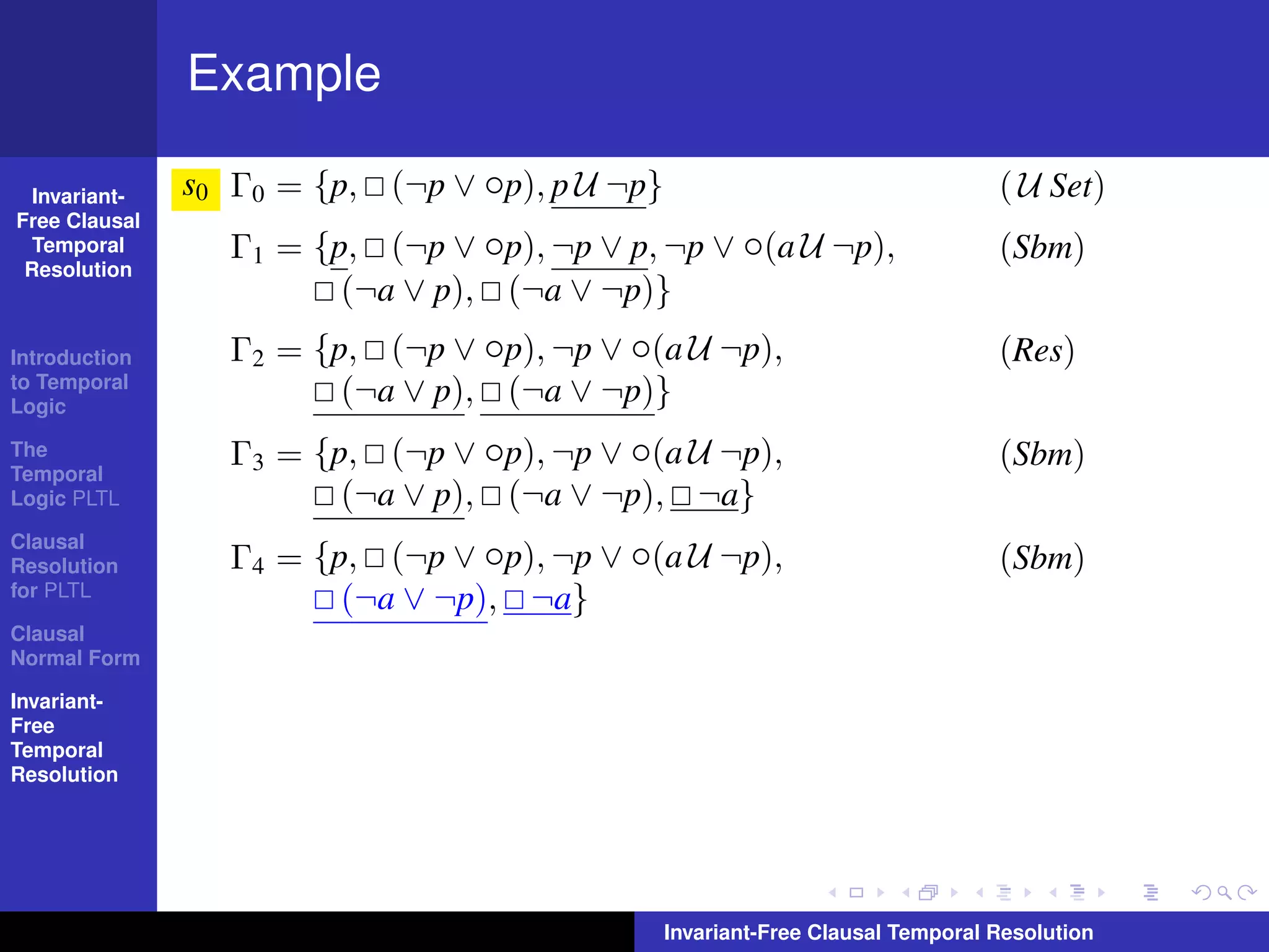 Example

  Invariant-   s0 Γ0 = {p, (¬p ∨ ◦p), p U ¬p}                                   ( U Set)
Free Clausal
  Temporal        Γ1 = {p, (¬p ∨ ◦p), ¬p ∨ p, ¬p ∨ ◦(a U ¬p),                   (Sbm)
 Resolution
                         (¬a ∨ p), (¬a ∨ ¬p)}
Introduction      Γ2 = {p, (¬p ∨ ◦p), ¬p ∨ ◦(a U ¬p),                           (Res)
to Temporal
Logic
                         (¬a ∨ p), (¬a ∨ ¬p)}
The
Temporal
                  Γ3 = {p, (¬p ∨ ◦p), ¬p ∨ ◦(a U ¬p),                           (Sbm)
Logic PLTL               (¬a ∨ p), (¬a ∨ ¬p), ¬a}
Clausal
Resolution        Γ4 = {p, (¬p ∨ ◦p), ¬p ∨ ◦(a U ¬p),                           (Sbm)
for PLTL
                         (¬a ∨ ¬p), ¬a}
Clausal
Normal Form

Invariant-
Free
Temporal
Resolution




                                                Invariant-Free Clausal Temporal Resolution
 