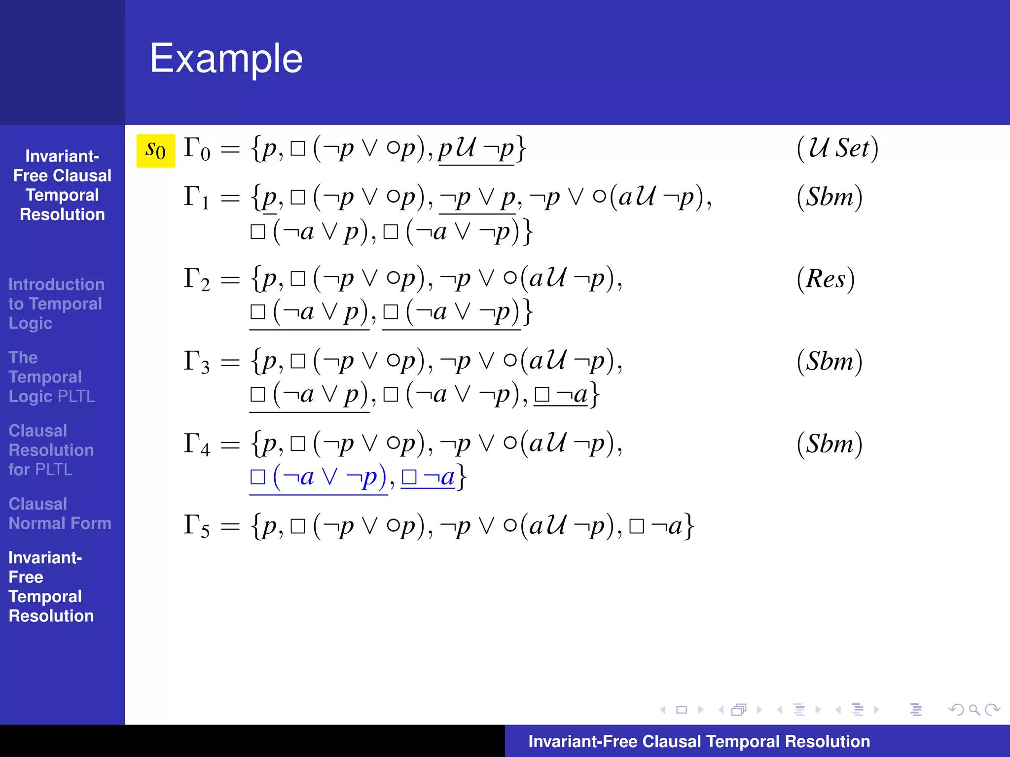 Example

  Invariant-   s0 Γ0 = {p, (¬p ∨ ◦p), p U ¬p}                                   ( U Set)
Free Clausal
  Temporal        Γ1 = {p, (¬p ∨ ◦p), ¬p ∨ p, ¬p ∨ ◦(a U ¬p),                   (Sbm)
 Resolution
                         (¬a ∨ p), (¬a ∨ ¬p)}
Introduction      Γ2 = {p, (¬p ∨ ◦p), ¬p ∨ ◦(a U ¬p),                           (Res)
to Temporal
Logic
                         (¬a ∨ p), (¬a ∨ ¬p)}
The
Temporal
                  Γ3 = {p, (¬p ∨ ◦p), ¬p ∨ ◦(a U ¬p),                           (Sbm)
Logic PLTL               (¬a ∨ p), (¬a ∨ ¬p), ¬a}
Clausal
Resolution        Γ4 = {p, (¬p ∨ ◦p), ¬p ∨ ◦(a U ¬p),                           (Sbm)
for PLTL
                         (¬a ∨ ¬p), ¬a}
Clausal
Normal Form       Γ5 = {p, (¬p ∨ ◦p), ¬p ∨ ◦(a U ¬p), ¬a}
Invariant-
Free
Temporal
Resolution




                                                Invariant-Free Clausal Temporal Resolution
 
