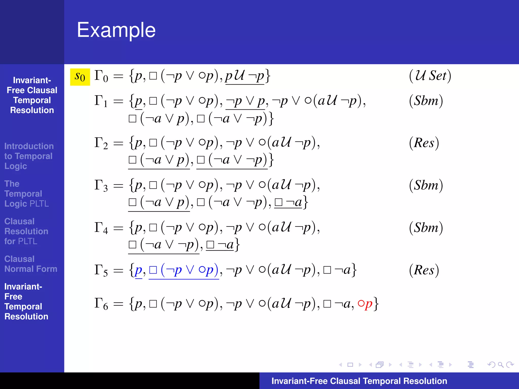 Example

  Invariant-   s0 Γ0 = {p, (¬p ∨ ◦p), p U ¬p}                                   ( U Set)
Free Clausal
  Temporal        Γ1 = {p, (¬p ∨ ◦p), ¬p ∨ p, ¬p ∨ ◦(a U ¬p),                   (Sbm)
 Resolution
                         (¬a ∨ p), (¬a ∨ ¬p)}
Introduction      Γ2 = {p, (¬p ∨ ◦p), ¬p ∨ ◦(a U ¬p),                           (Res)
to Temporal
Logic
                         (¬a ∨ p), (¬a ∨ ¬p)}
The
Temporal
                  Γ3 = {p, (¬p ∨ ◦p), ¬p ∨ ◦(a U ¬p),                           (Sbm)
Logic PLTL               (¬a ∨ p), (¬a ∨ ¬p), ¬a}
Clausal
Resolution        Γ4 = {p, (¬p ∨ ◦p), ¬p ∨ ◦(a U ¬p),                           (Sbm)
for PLTL                 (¬a ∨ ¬p), ¬a}
Clausal
Normal Form       Γ5 = {p, (¬p ∨ ◦p), ¬p ∨ ◦(a U ¬p), ¬a}                       (Res)
Invariant-
Free
Temporal          Γ6 = {p, (¬p ∨ ◦p), ¬p ∨ ◦(a U ¬p), ¬a, ◦p}
Resolution




                                                Invariant-Free Clausal Temporal Resolution
 