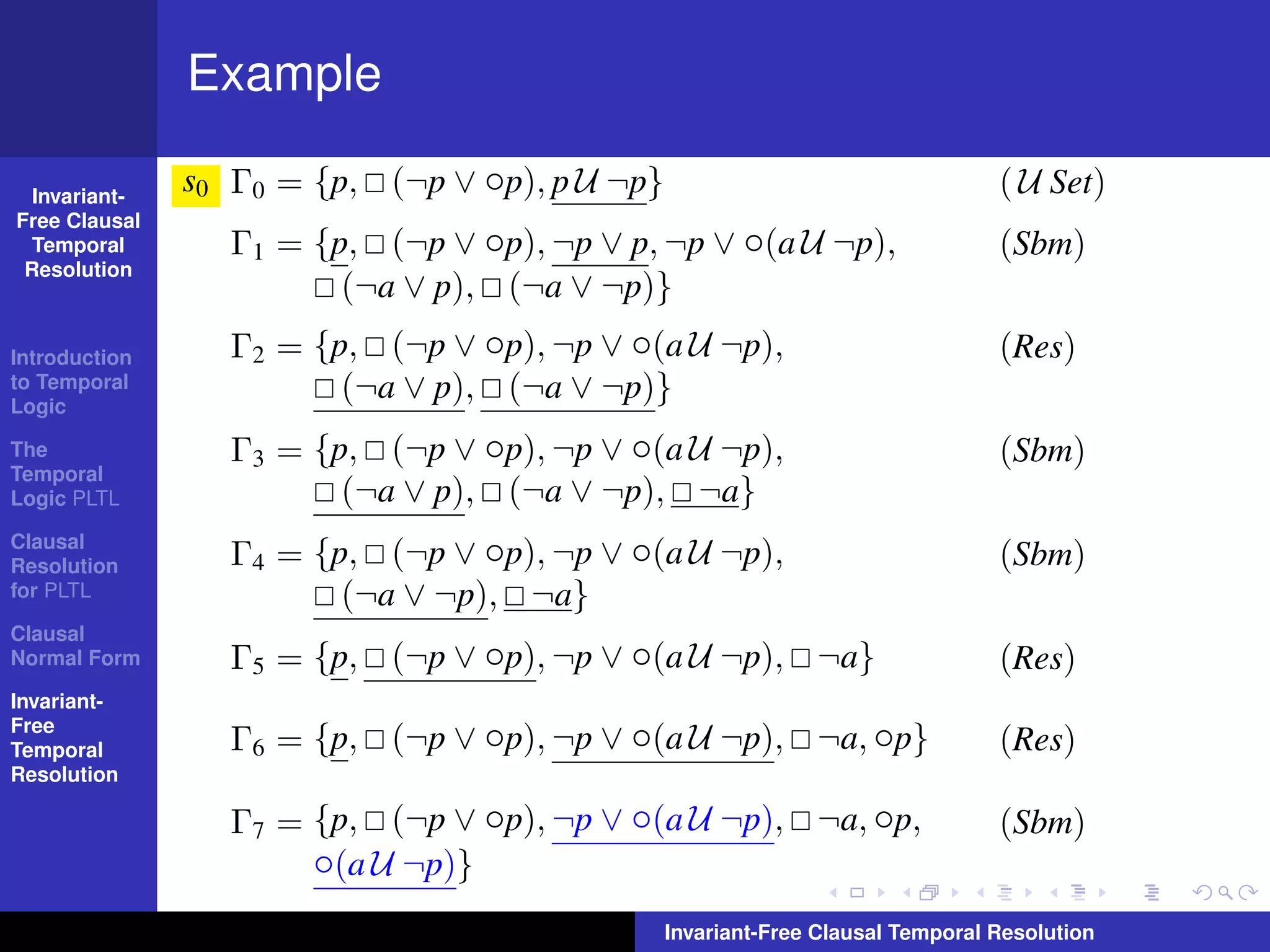 Example

  Invariant-
               s0 Γ0 = {p, (¬p ∨ ◦p), p U ¬p}                                   ( U Set)
Free Clausal
  Temporal        Γ1 = {p, (¬p ∨ ◦p), ¬p ∨ p, ¬p ∨ ◦(a U ¬p),                   (Sbm)
 Resolution
                         (¬a ∨ p), (¬a ∨ ¬p)}
Introduction      Γ2 = {p, (¬p ∨ ◦p), ¬p ∨ ◦(a U ¬p),                           (Res)
to Temporal
Logic
                         (¬a ∨ p), (¬a ∨ ¬p)}
The               Γ3 = {p, (¬p ∨ ◦p), ¬p ∨ ◦(a U ¬p),                           (Sbm)
Temporal
Logic PLTL               (¬a ∨ p), (¬a ∨ ¬p), ¬a}
Clausal
Resolution        Γ4 = {p, (¬p ∨ ◦p), ¬p ∨ ◦(a U ¬p),                           (Sbm)
for PLTL                 (¬a ∨ ¬p), ¬a}
Clausal
Normal Form       Γ5 = {p, (¬p ∨ ◦p), ¬p ∨ ◦(a U ¬p), ¬a}                       (Res)
Invariant-
Free
Temporal          Γ6 = {p, (¬p ∨ ◦p), ¬p ∨ ◦(a U ¬p), ¬a, ◦p}                   (Res)
Resolution

                  Γ7 = {p, (¬p ∨ ◦p), ¬p ∨ ◦(a U ¬p), ¬a, ◦p,                   (Sbm)
                       ◦(a U ¬p)}
                                                Invariant-Free Clausal Temporal Resolution
 