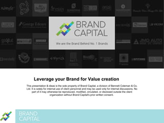 Leverage your Brand for Value creation
This presentation & ideas is the sole property of Brand Capital, a division of Bennett Coleman & Co.
Ltd. It is solely for internal use of client personnel and may be used only for internal discussions. No
part of it may otherwise be reproduced, modified, circulated, or disclosed outside the client
organization without Brand Capital's prior written consent.

 