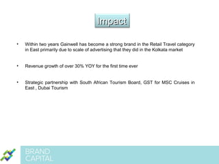 Impact
•

Within two years Gainwell has become a strong brand in the Retail Travel category
in East primarily due to scale of advertising that they did in the Kolkata market

•

Revenue growth of over 30% YOY for the first time ever

•

Strategic partnership with South African Tourism Board, GST for MSC Cruises in
East , Dubai Tourism

 