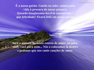 É a nossa gaiola. Gaiola na mão, saímos pela vida à procura do nosso pássaro. Quando imaginamos havê-lo encontrado... que felicidade! Ficará feliz em nossa gaiola. Será o amante da nossa estória de amor: eu para  você, você para mim... Nós o colocamos lá dentro e pedimos que nos cante canções de amor. 