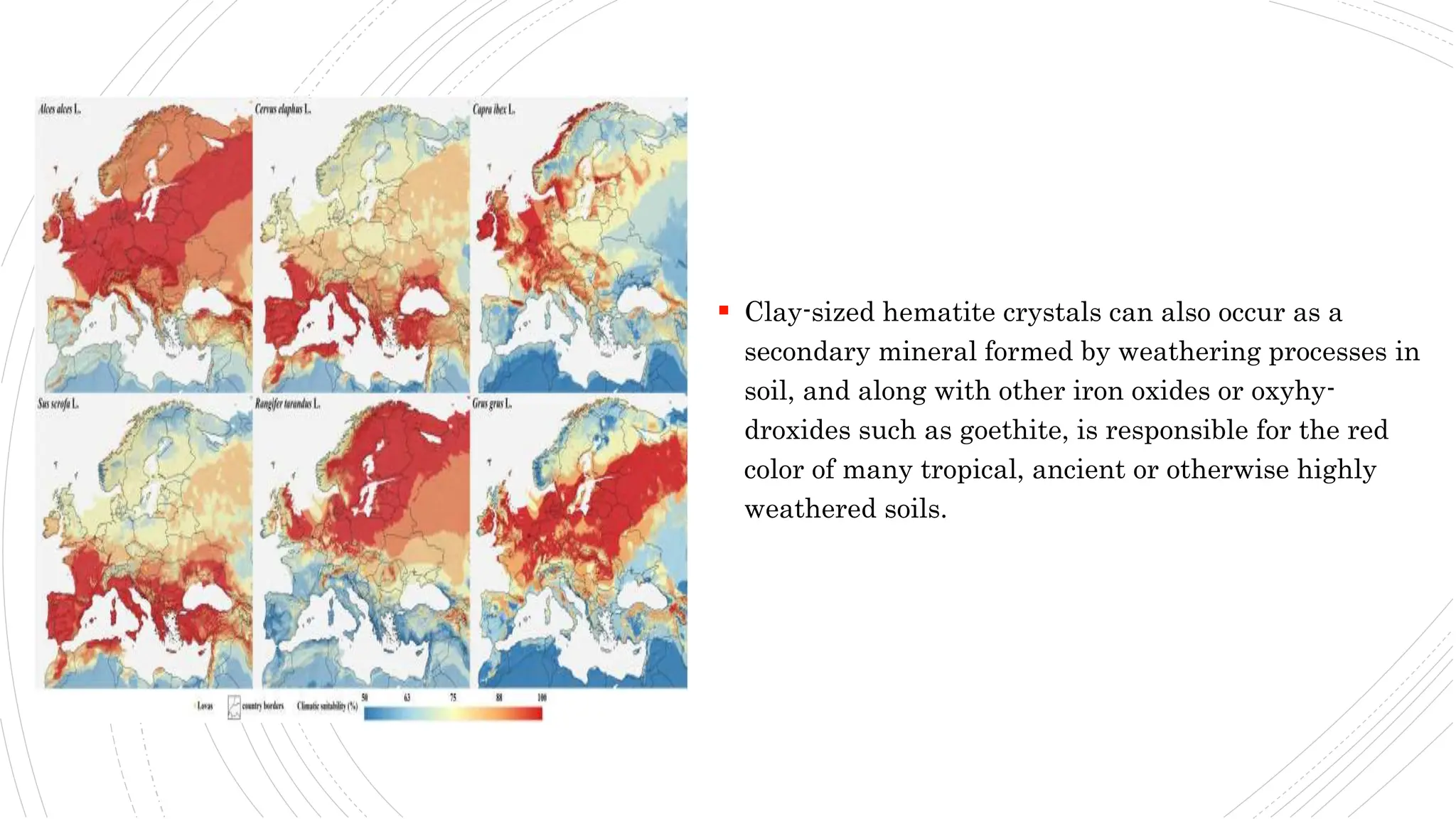  Clay-sized hematite crystals can also occur as a
secondary mineral formed by weathering processes in
soil, and along with other iron oxides or oxyhy-
droxides such as goethite, is responsible for the red
color of many tropical, ancient or otherwise highly
weathered soils.
 