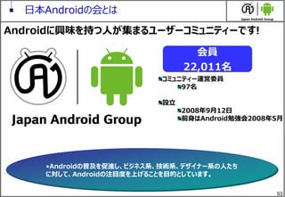 53
日本Androidの会とは
コミュニティー運営委員
97名
設立
2008年9月12日
前身はAndroid勉強会2008年5月
会員
22,011名
Androidに興味を持つ人が集まるユーザーコミュニティーです!
&bull;Androidの普及を促進し、ビジネス系、技術系、デザイナー系の人たち
に対して、Androidの注目度を上げることを目的としています。
 