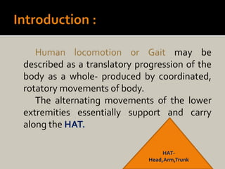 Human locomotion or Gait may be
described as a translatory progression of the
body as a whole- produced by coordinated,
rotatory movements of body.
The alternating movements of the lower
extremities essentially support and carry
along the HAT.
HAT-
Head,Arm,Trunk
 