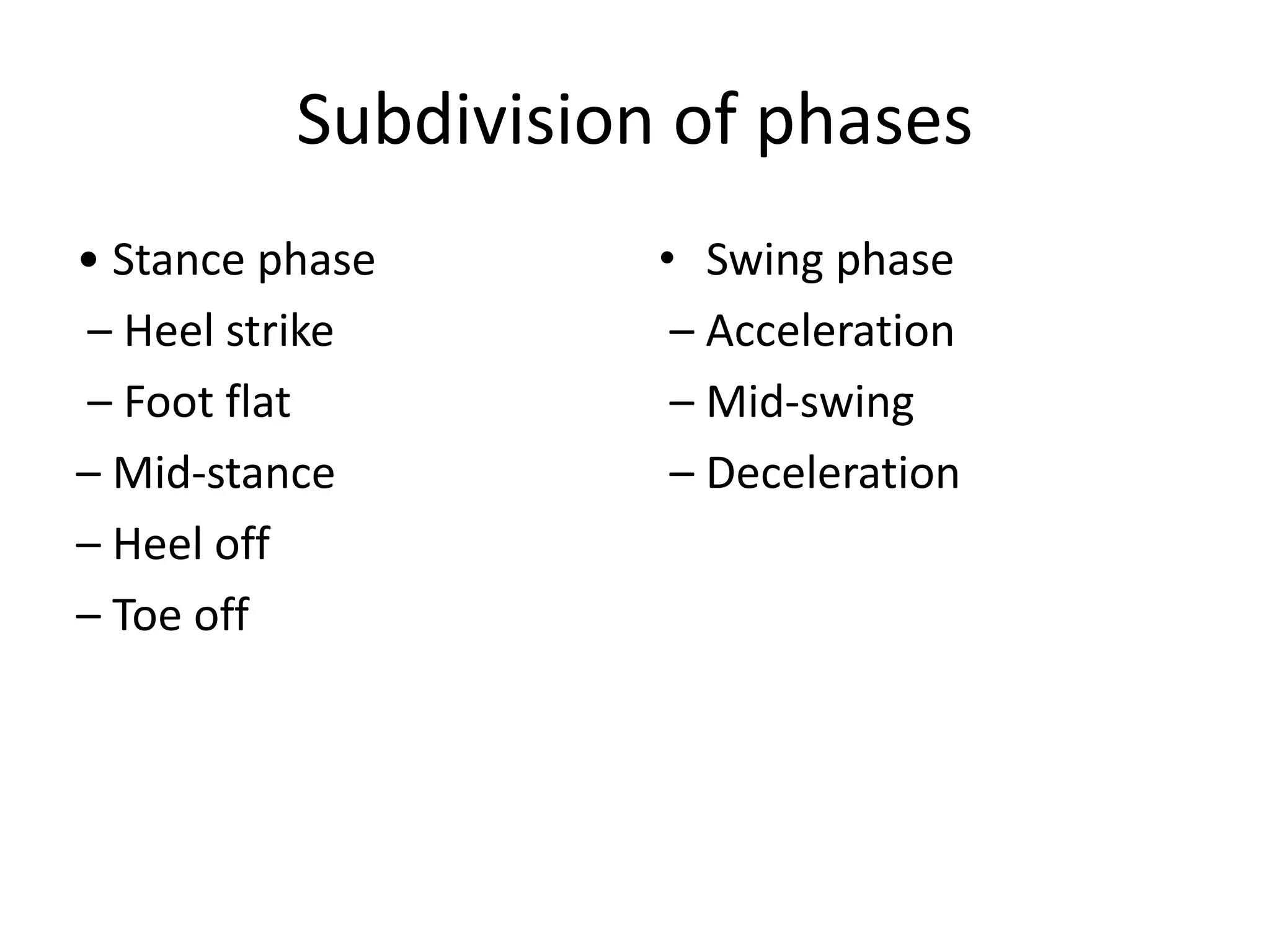 Subdivision of phases
• Stance phase
– Heel strike
– Foot flat
– Mid-stance
– Heel off
– Toe off
• Swing phase
– Acceleration
– Mid-swing
– Deceleration
 