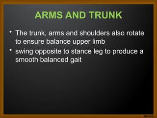 ARMS AND TRUNK
• The trunk, arms and shoulders also rotate
to ensure balance upper limb
• swing opposite to stance leg to produce a
smooth balanced gait
 